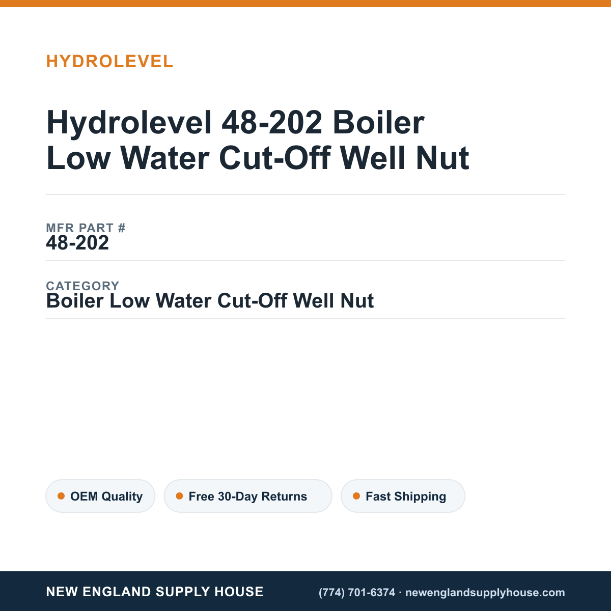 Hydrolevel 48-202 Boiler Low Water Cut-Off Well Nut — New England Supply House spec card [NESH-SPEC-CARD-V2]