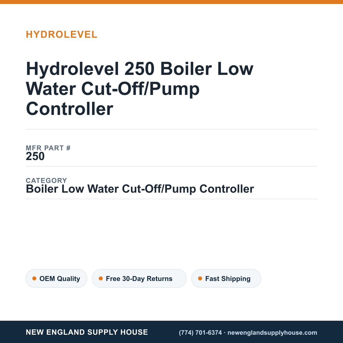 Hydrolevel 250 Boiler Low Water Cut-Off/Pump Controller — New England Supply House spec card [NESH-SPEC-CARD-V2]