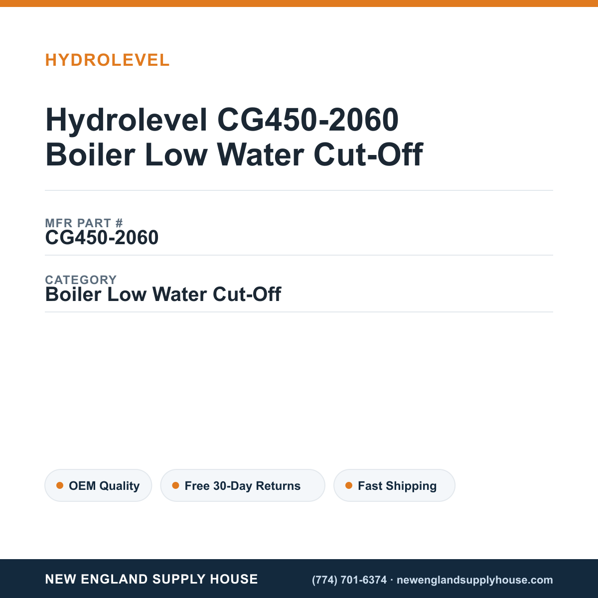 Hydrolevel CG450-2060 Boiler Low Water Cut-Off — New England Supply House spec card [NESH-SPEC-CARD-V2]
