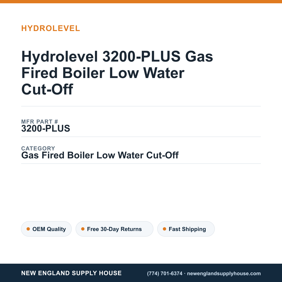 Hydrolevel 3200-PLUS Gas Fired Boiler Low Water Cut-Off — New England Supply House spec card [NESH-SPEC-CARD-V2]