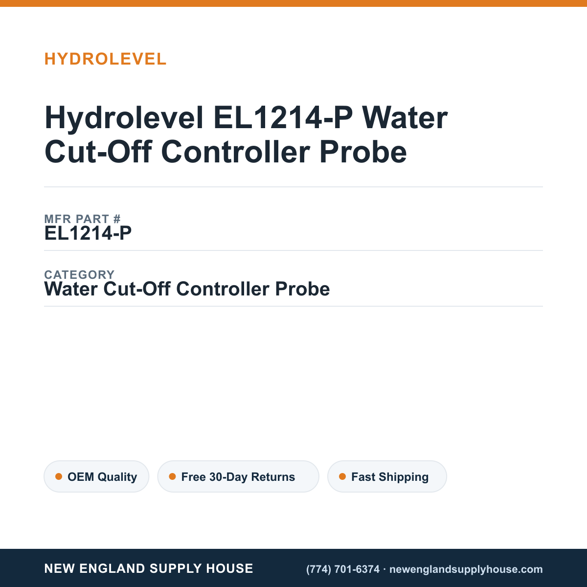 Hydrolevel EL1214-P Water Cut-Off Controller Probe — New England Supply House spec card [NESH-SPEC-CARD-V2]