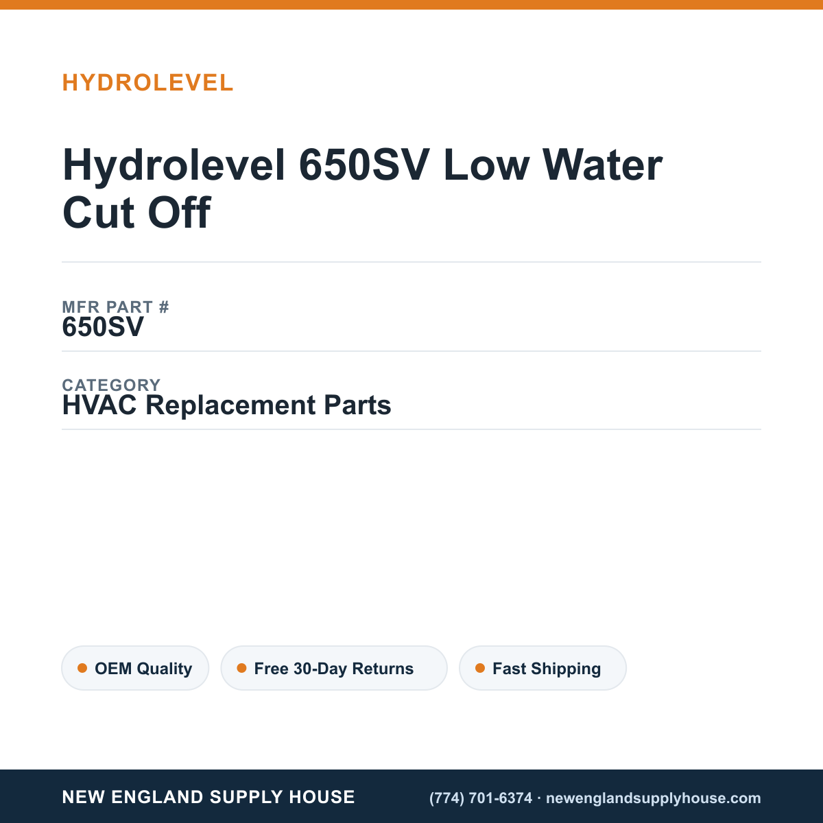 Hydrolevel 650SV Low Water Cut Off — New England Supply House spec card [NESH-SPEC-CARD-V2]