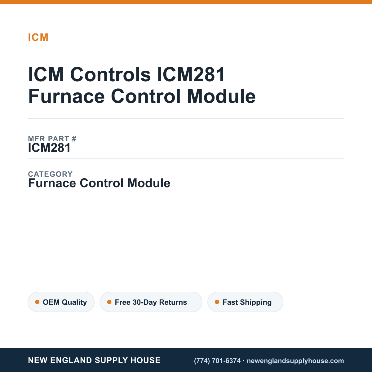 ICM Controls ICM281 Furnace Control Module — New England Supply House spec card [NESH-SPEC-CARD-V2]