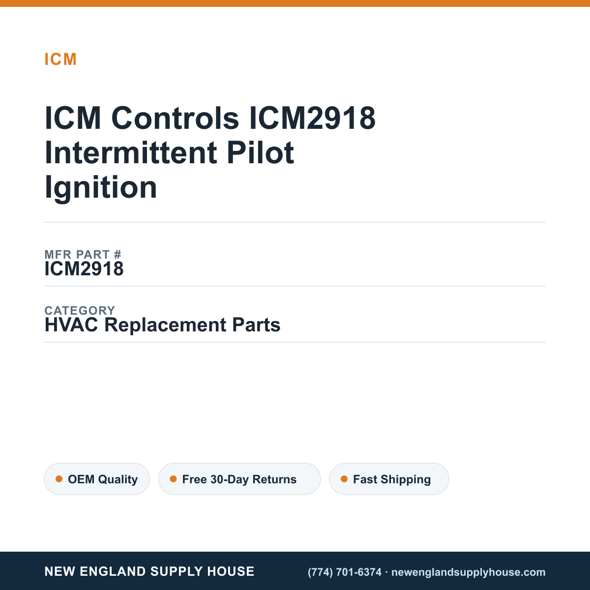 ICM Controls ICM2918 Intermittent Pilot Ignition — New England Supply House spec card [NESH-SPEC-CARD-V2]