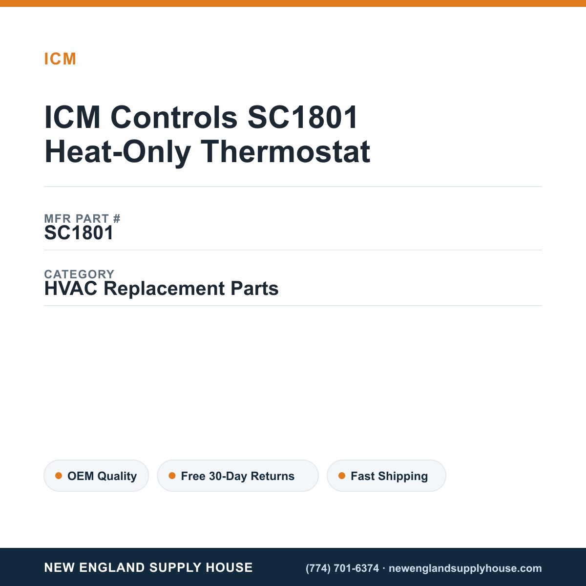 ICM Controls SC1801 Heat-Only Thermostat — New England Supply House spec card [NESH-SPEC-CARD-V2]