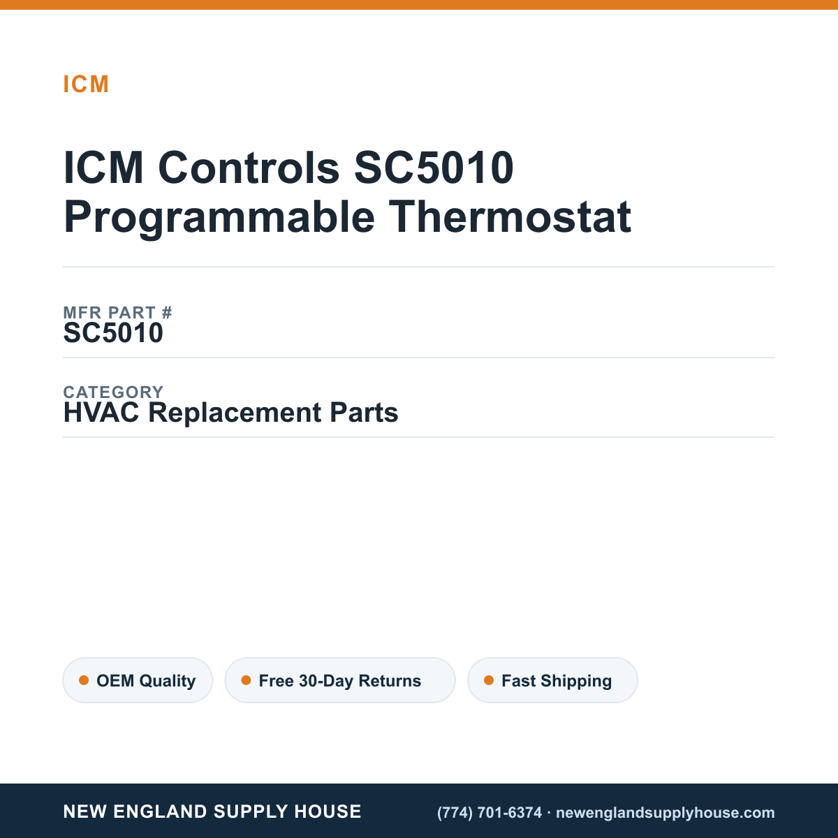 ICM Controls SC5010 Programmable Thermostat — New England Supply House spec card [NESH-SPEC-CARD-V2]