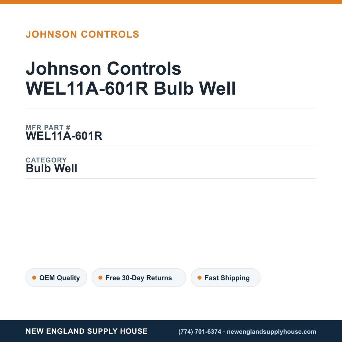 Johnson Controls WEL11A-601R Bulb Well — New England Supply House spec card [NESH-SPEC-CARD-V2]