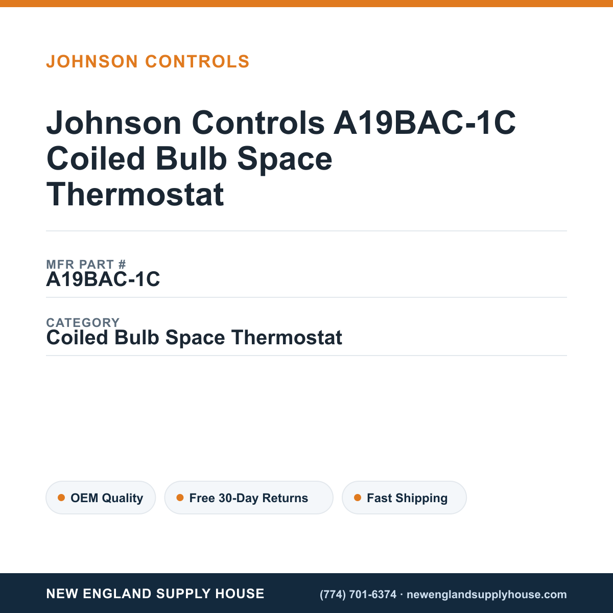 Johnson Controls A19BAC-1C Coiled Bulb Space Thermostat — New England Supply House spec card [NESH-SPEC-CARD-V2]