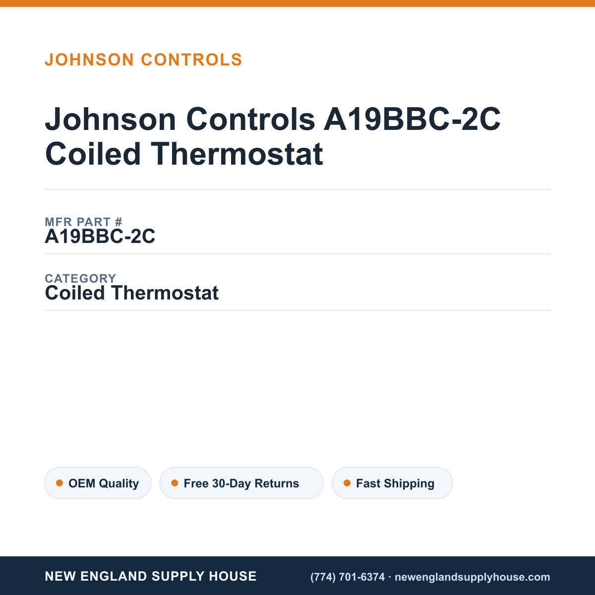 Johnson Controls A19BBC-2C Coiled Thermostat — New England Supply House spec card [NESH-SPEC-CARD-V2]