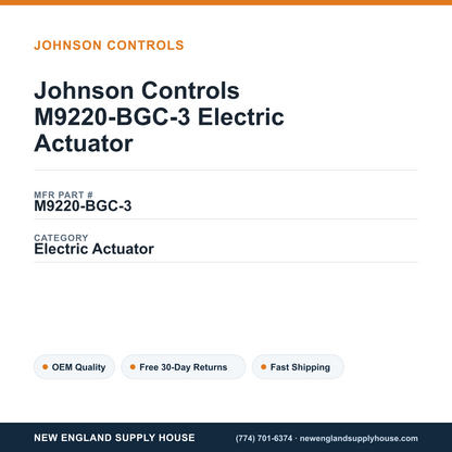Johnson Controls M9220-BGC-3 Electric Actuator — New England Supply House spec card [NESH-SPEC-CARD-V2]