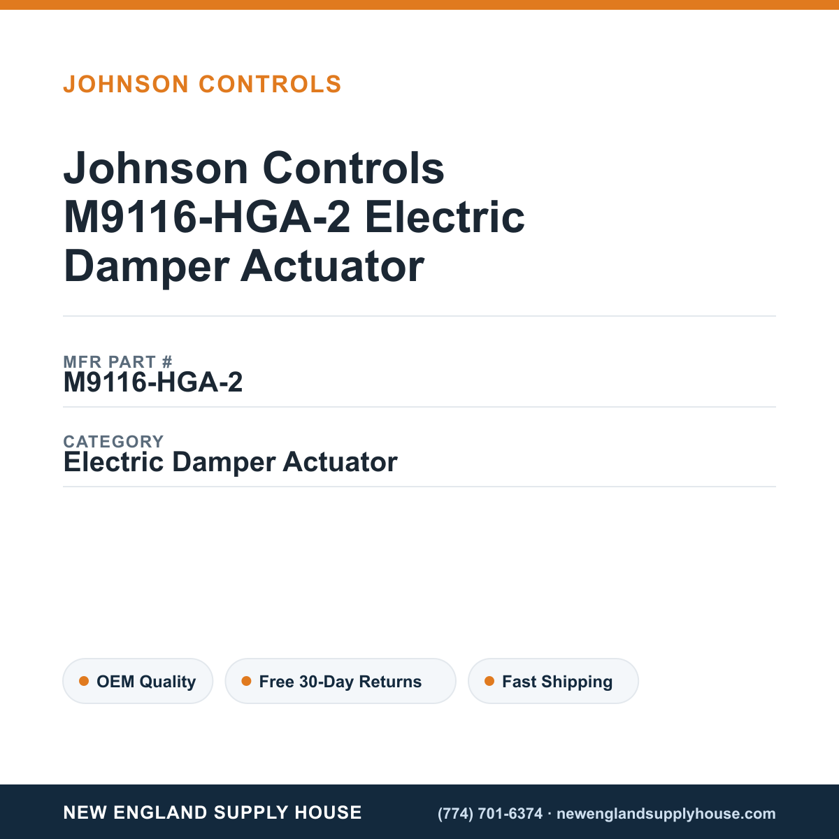 Johnson Controls M9116-HGA-2 Electric Damper Actuator — New England Supply House spec card [NESH-SPEC-CARD-V2]