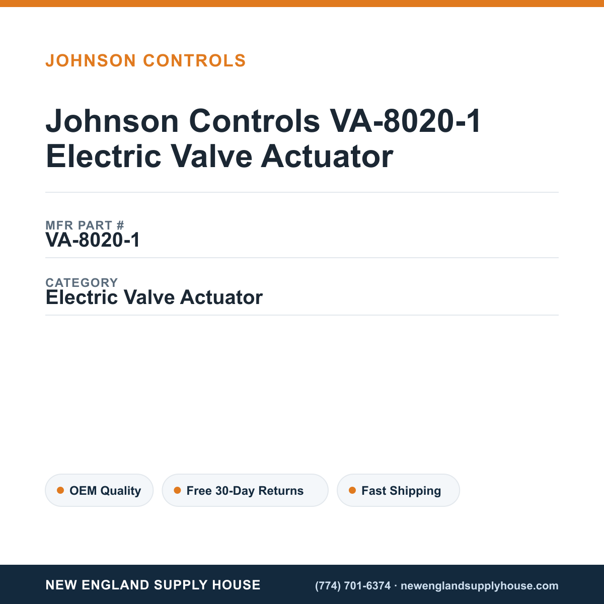 Johnson Controls VA-8020-1 Electric Valve Actuator — New England Supply House spec card [NESH-SPEC-CARD-V2]