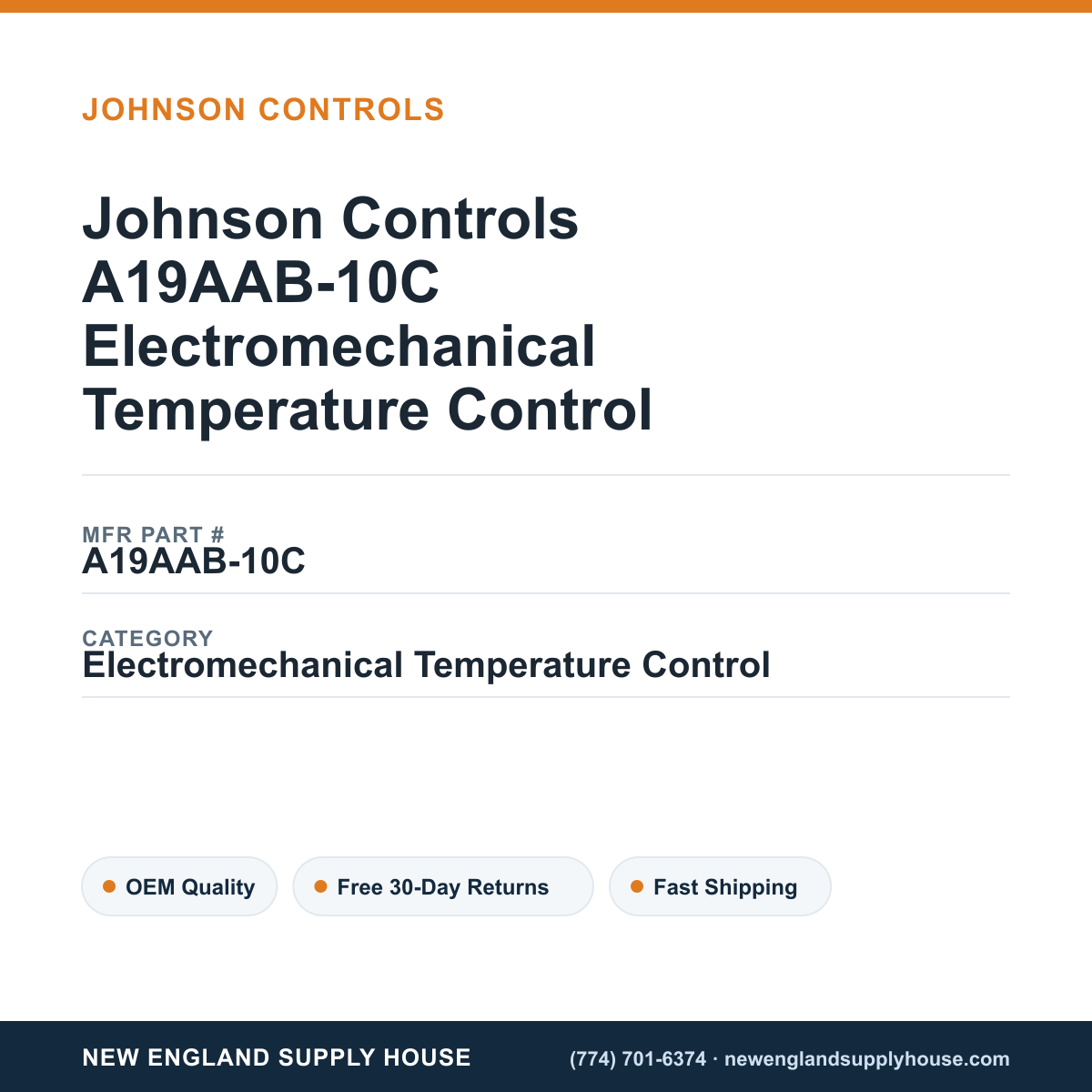 Johnson Controls A19AAB-10C Electromechanical Temperature Control — New England Supply House spec card [NESH-SPEC-CARD-V2]