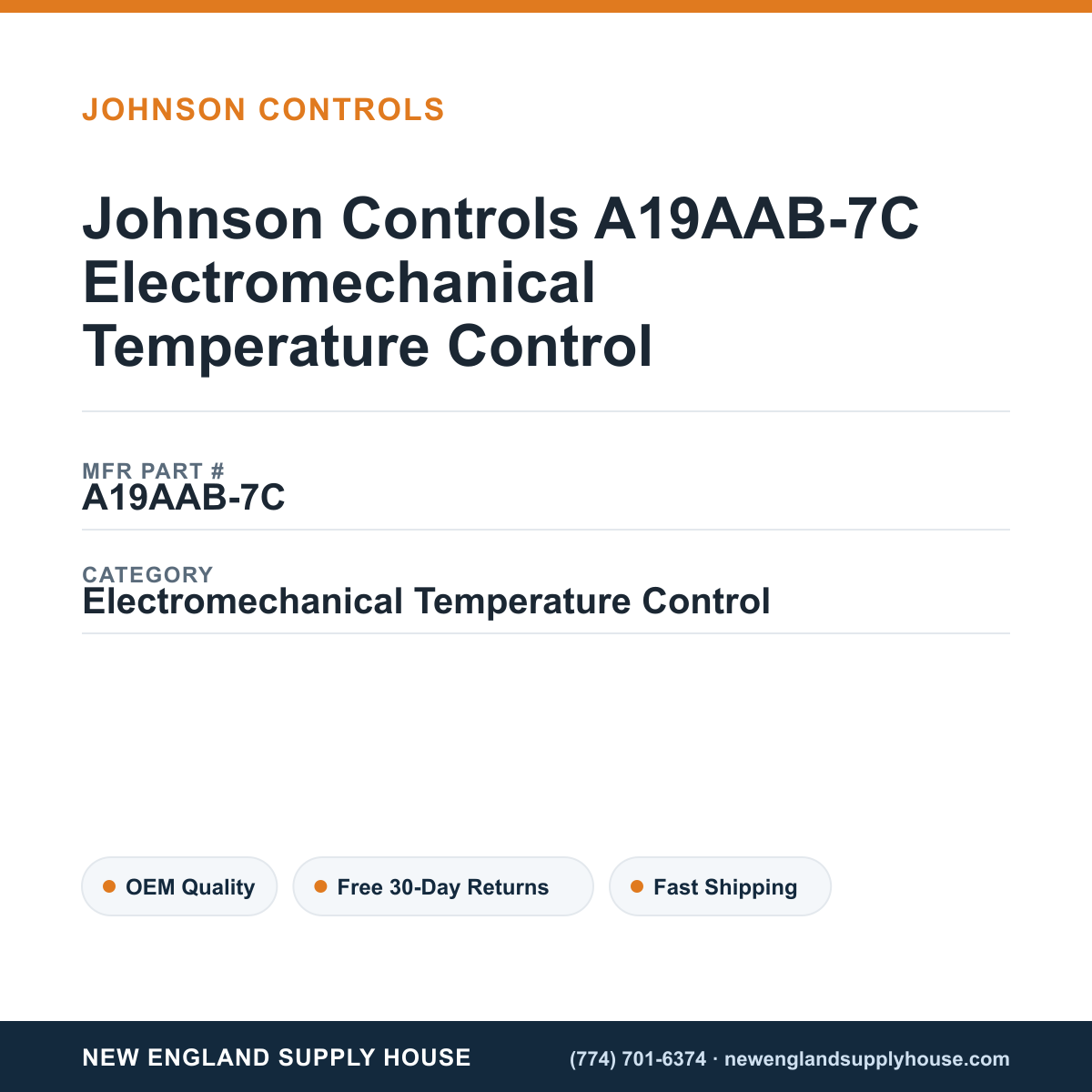 Johnson Controls A19AAB-7C Electromechanical Temperature Control — New England Supply House spec card [NESH-SPEC-CARD-V2]