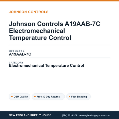 Johnson Controls A19AAB-7C Electromechanical Temperature Control — New England Supply House spec card [NESH-SPEC-CARD-V2]