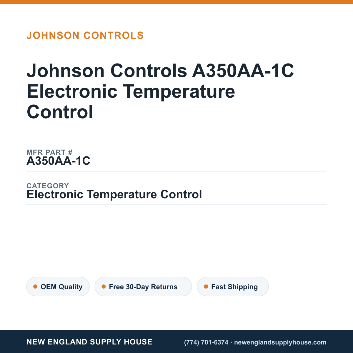 Johnson Controls A350AA-1C Electronic Temperature Control — New England Supply House spec card [NESH-SPEC-CARD-V2]
