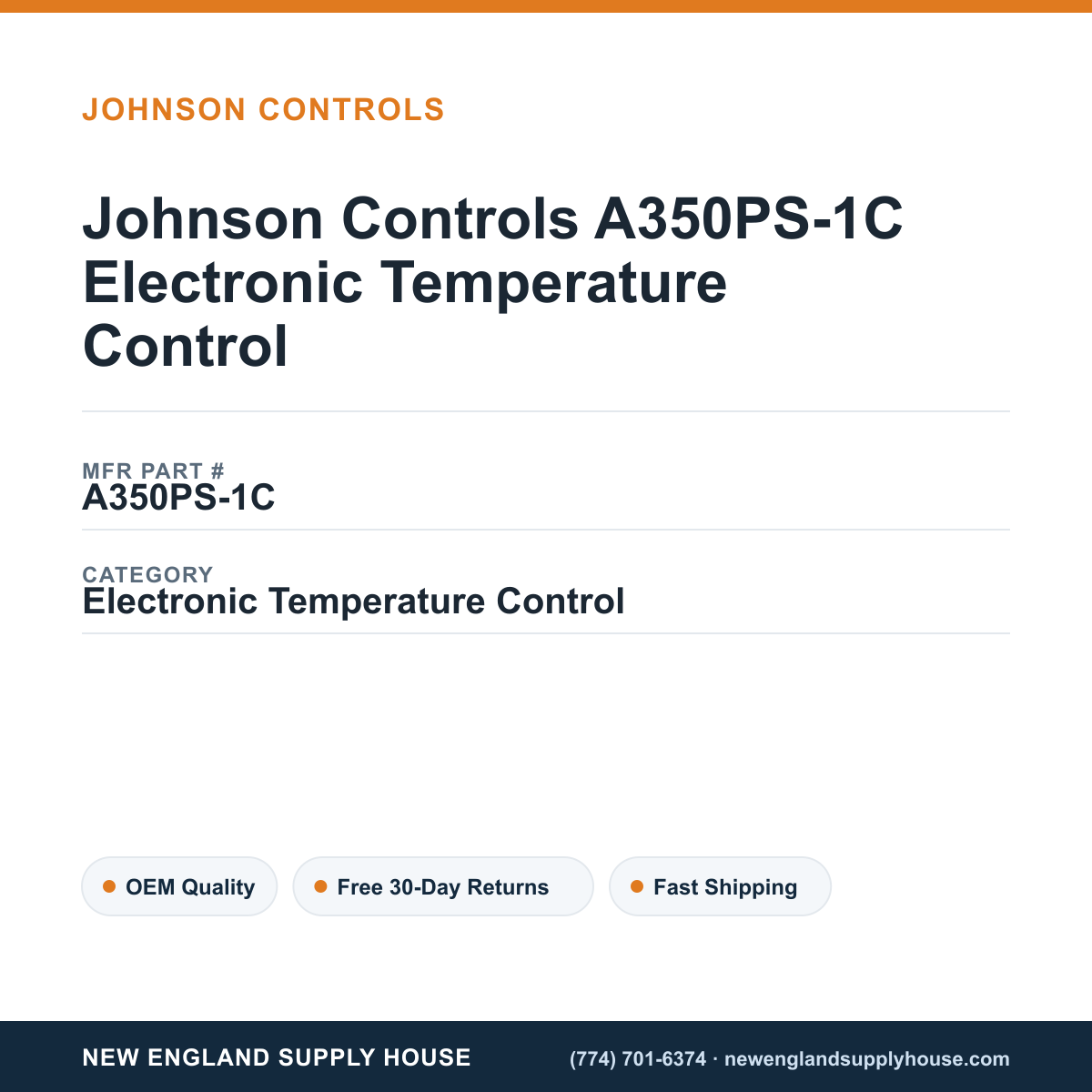Johnson Controls A350PS-1C Electronic Temperature Control — New England Supply House spec card [NESH-SPEC-CARD-V2]
