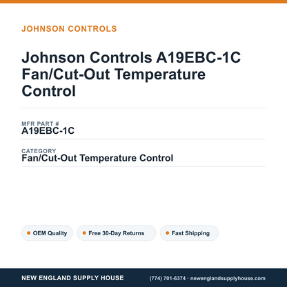 Johnson Controls A19EBC-1C Fan/Cut-Out Temperature Control — New England Supply House spec card [NESH-SPEC-CARD-V2]