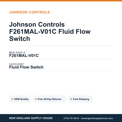Johnson Controls F261MAL-V01C Fluid Flow Switch — New England Supply House spec card [NESH-SPEC-CARD-V2]