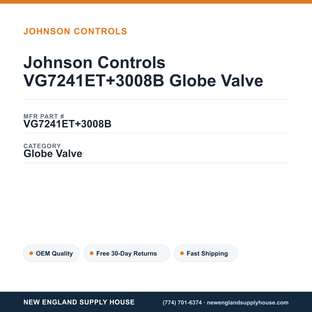 Johnson Controls VG7241ET+3008B Globe Valve — New England Supply House spec card [NESH-SPEC-CARD-V2]