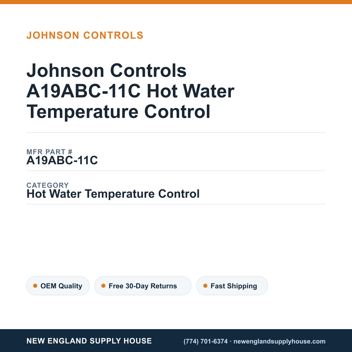 Johnson Controls A19ABC-11C Hot Water Temperature Control — New England Supply House spec card [NESH-SPEC-CARD-V2]