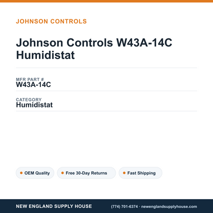 Johnson Controls W43A-14C Humidistat — New England Supply House spec card [NESH-SPEC-CARD-V2]