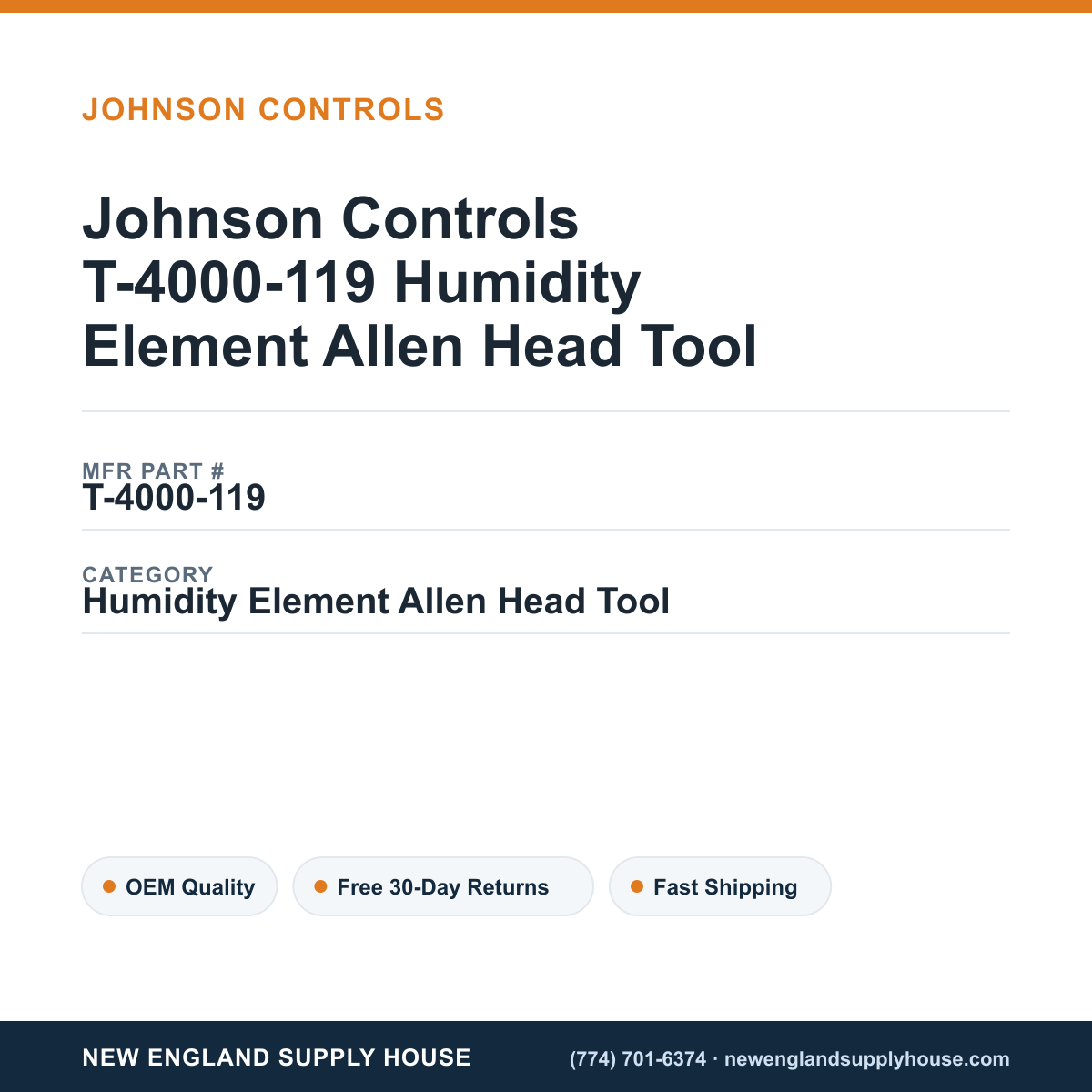 Johnson Controls T-4000-119 Humidity Element Allen Head Tool — New England Supply House spec card [NESH-SPEC-CARD-V2]