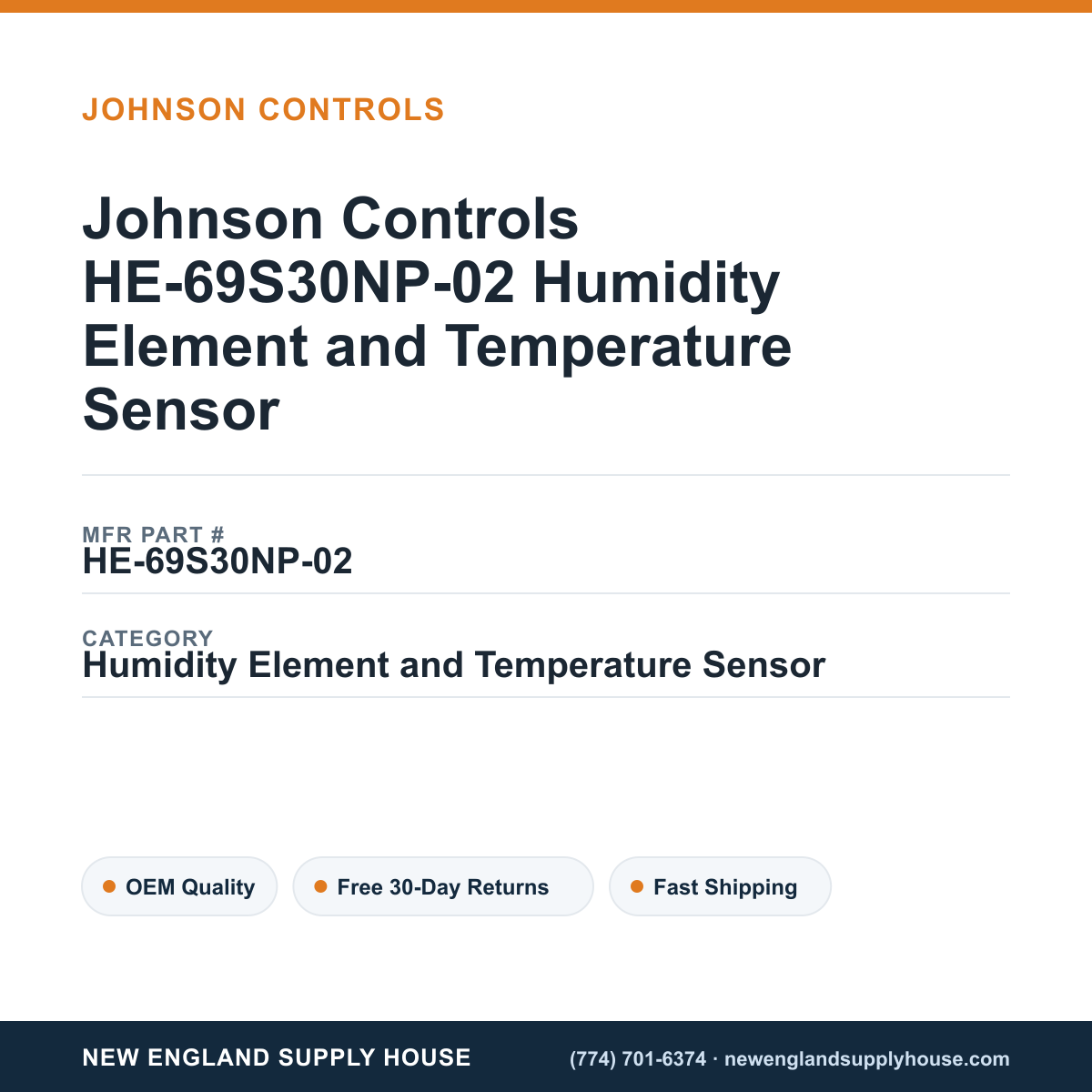 Johnson Controls HE-69S30NP-02 Humidity Element and Temperature Sensor — New England Supply House spec card [NESH-SPEC-CARD-V2]