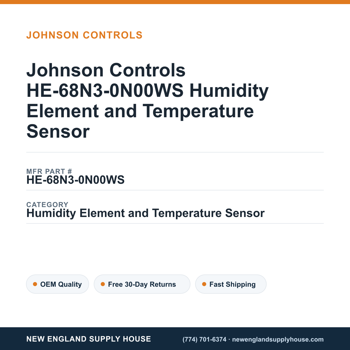 Johnson Controls HE-68N3-0N00WS Humidity Element and Temperature Sensor — New England Supply House spec card [NESH-SPEC-CARD-V2]