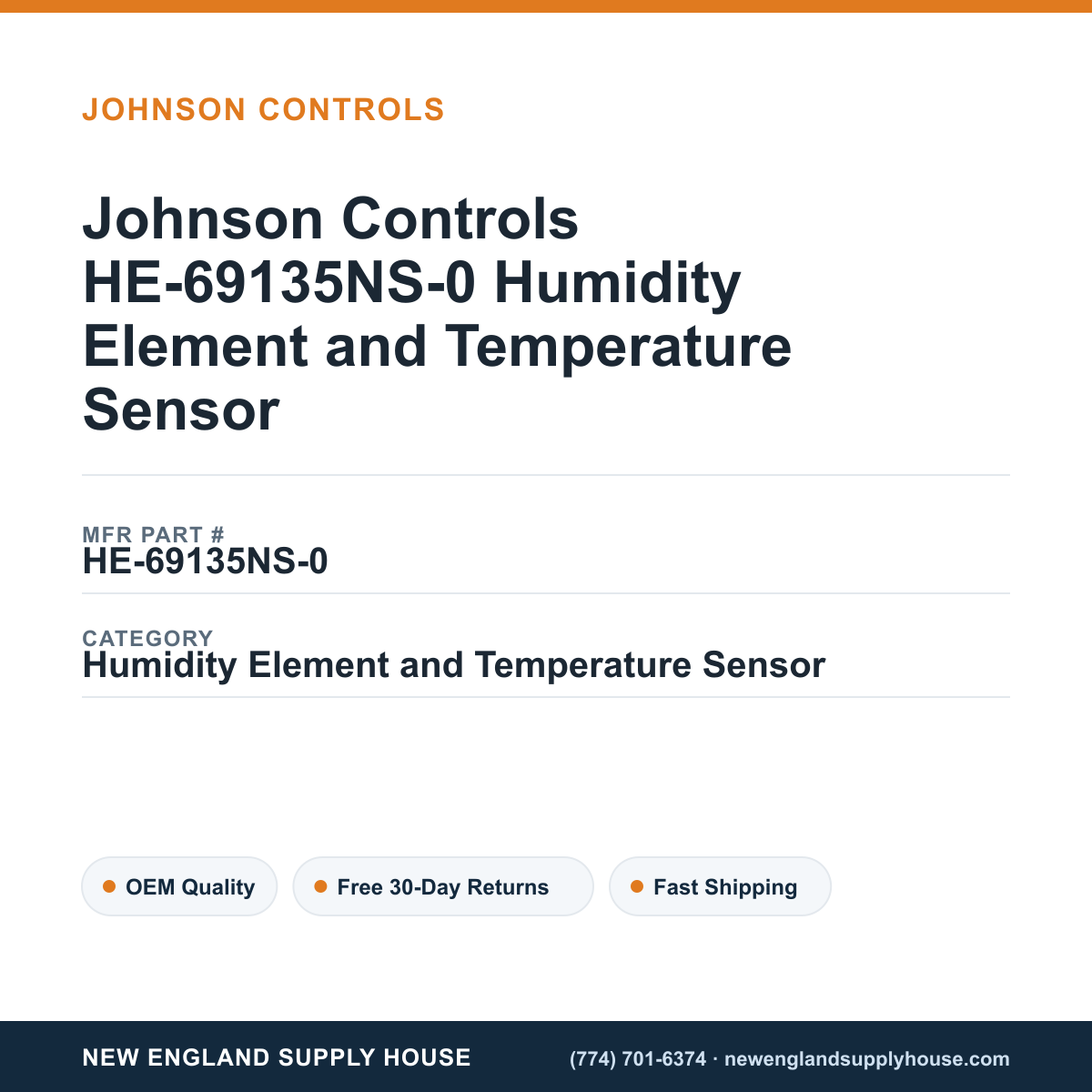 Johnson Controls HE-69135NS-0 Humidity Element and Temperature Sensor — New England Supply House spec card [NESH-SPEC-CARD-V2]