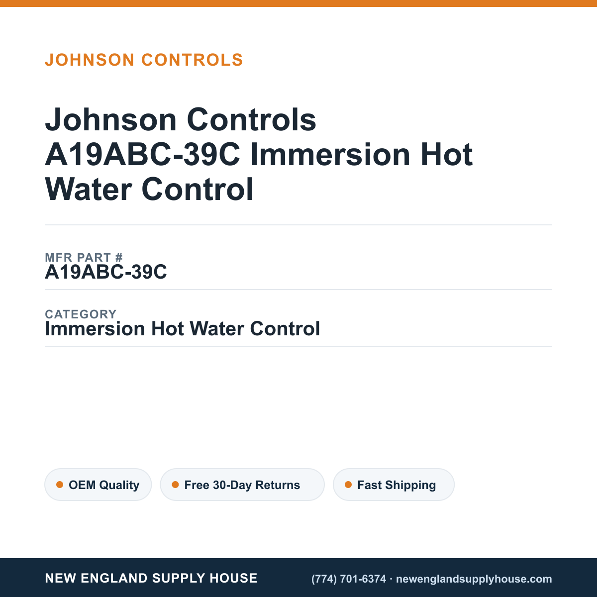 Johnson Controls A19ABC-39C Immersion Hot Water Control — New England Supply House spec card [NESH-SPEC-CARD-V2]
