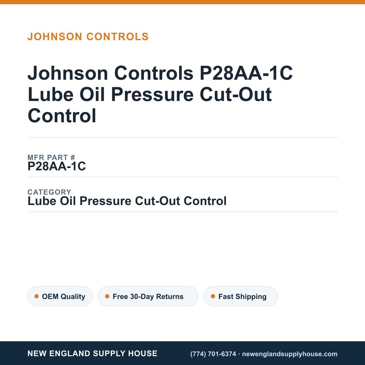 Johnson Controls P28AA-1C Lube Oil Pressure Cut-Out Control — New England Supply House spec card [NESH-SPEC-CARD-V2]