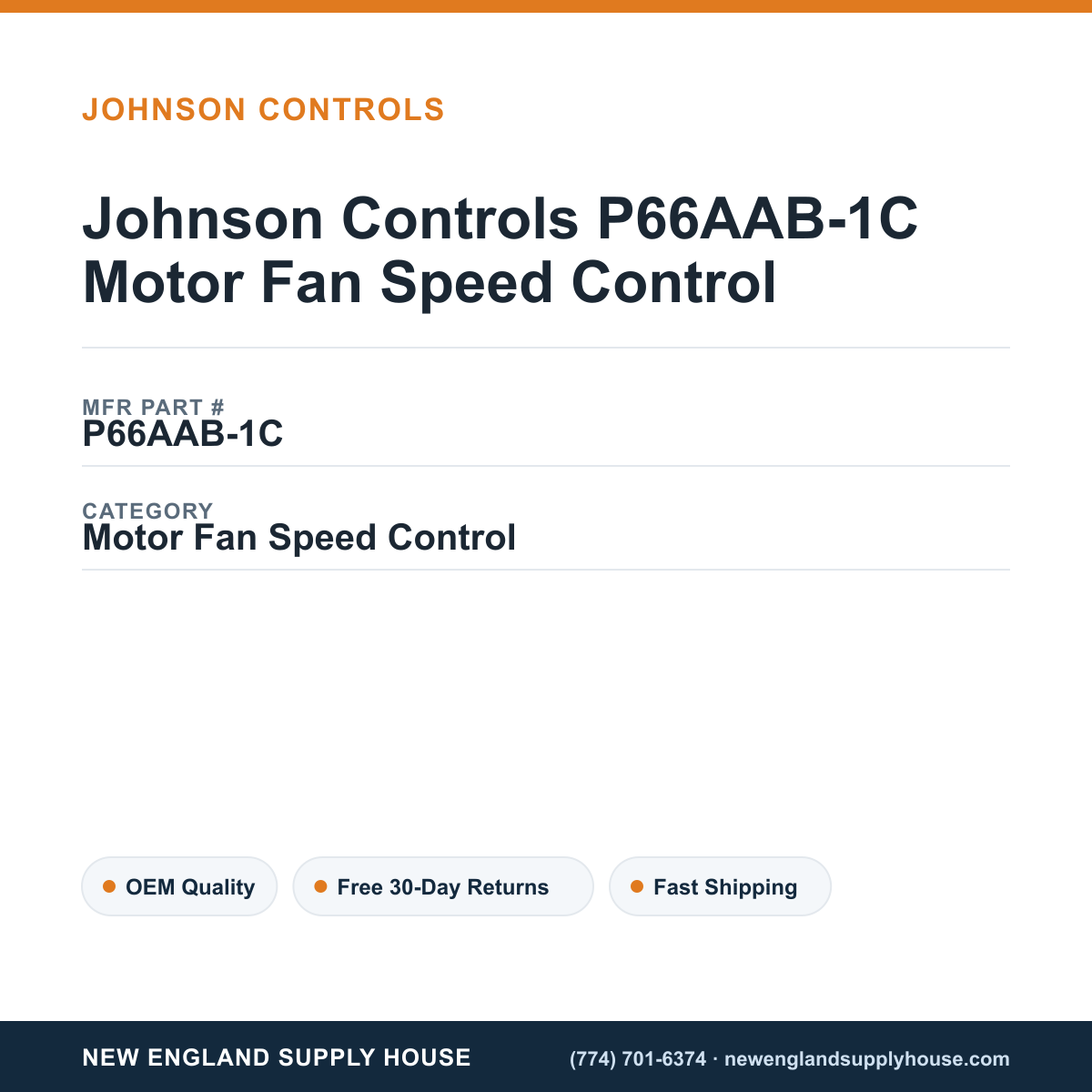 Johnson Controls P66AAB-1C Motor Fan Speed Control — New England Supply House spec card [NESH-SPEC-CARD-V2]