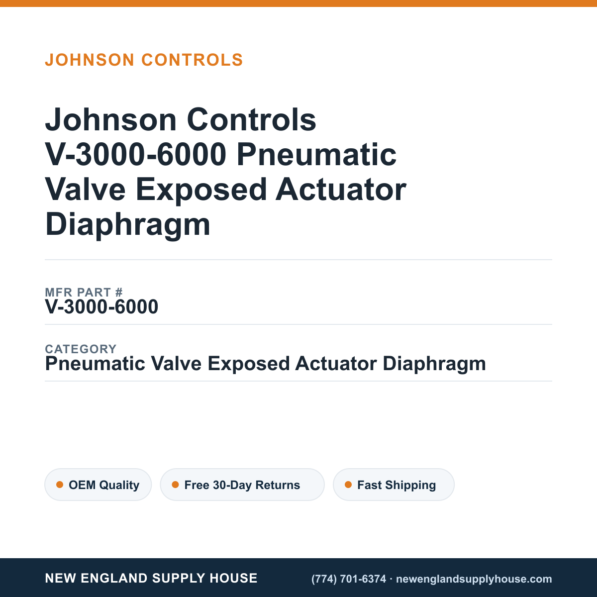 Johnson Controls V-3000-6000 Pneumatic Valve Exposed Actuator Diaphragm — New England Supply House spec card [NESH-SPEC-CARD-V2]