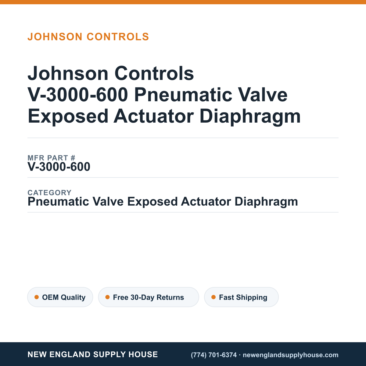 Johnson Controls V-3000-600 Pneumatic Valve Exposed Actuator Diaphragm — New England Supply House spec card [NESH-SPEC-CARD-V2]