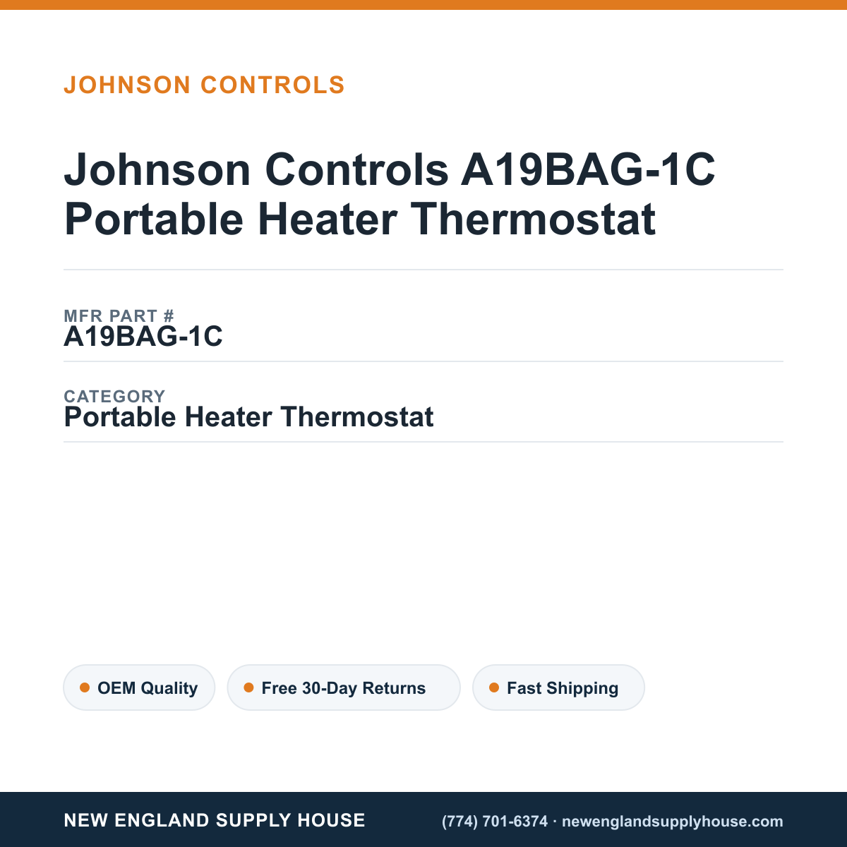 Johnson Controls A19BAG-1C Portable Heater Thermostat — New England Supply House spec card [NESH-SPEC-CARD-V2]