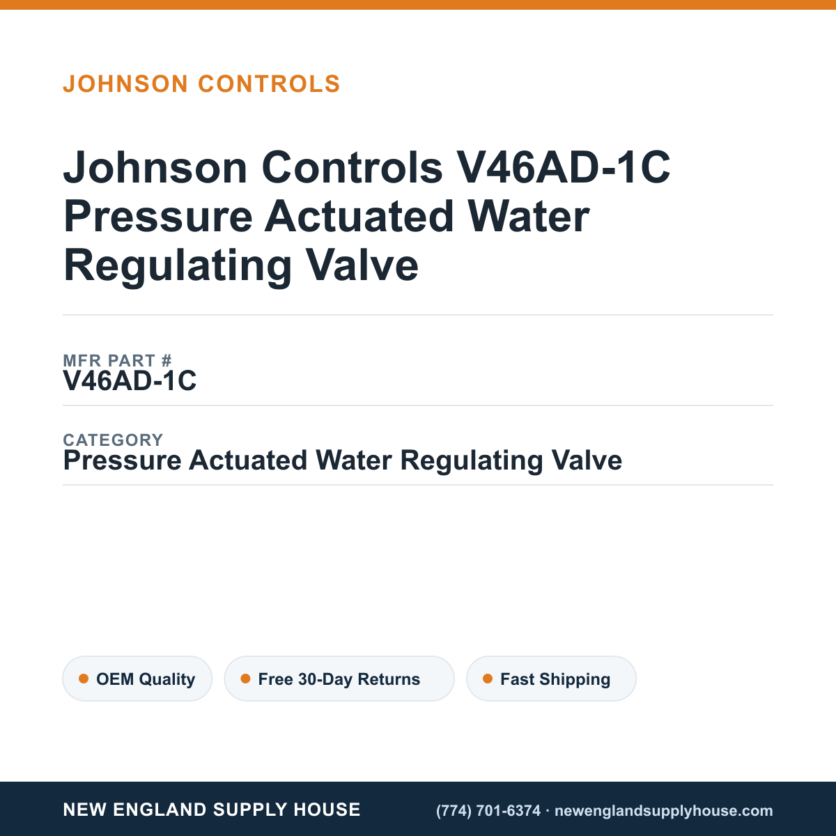 Johnson Controls V46AD-1C Pressure Actuated Water Regulating Valve — New England Supply House spec card [NESH-SPEC-CARD-V2]
