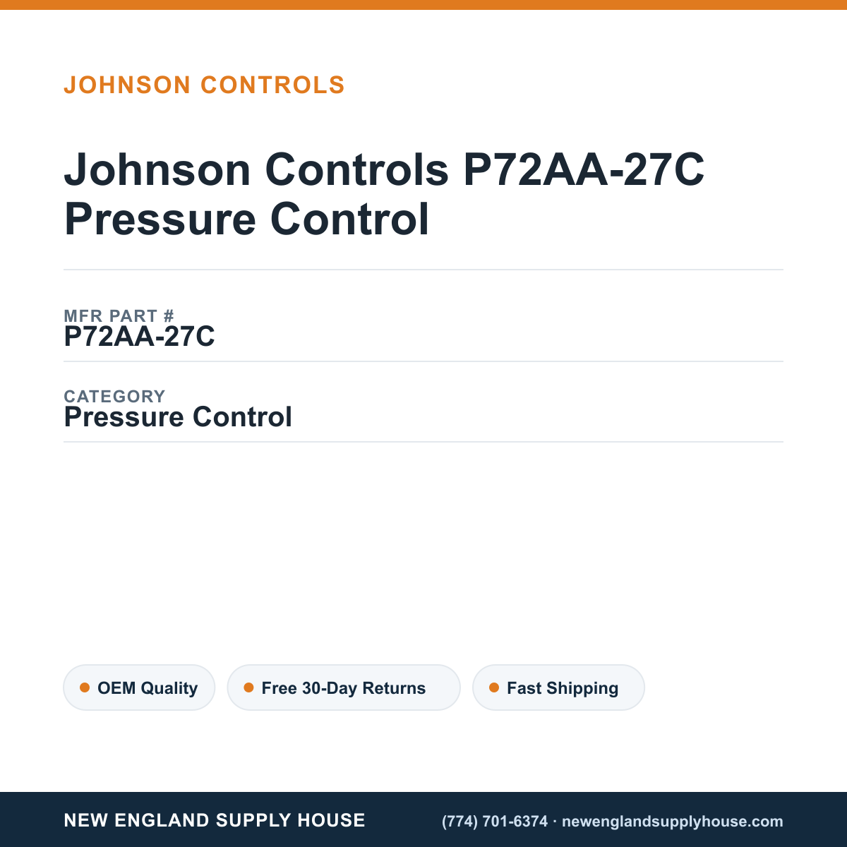 Johnson Controls P72AA-27C Pressure Control — New England Supply House spec card [NESH-SPEC-CARD-V2]