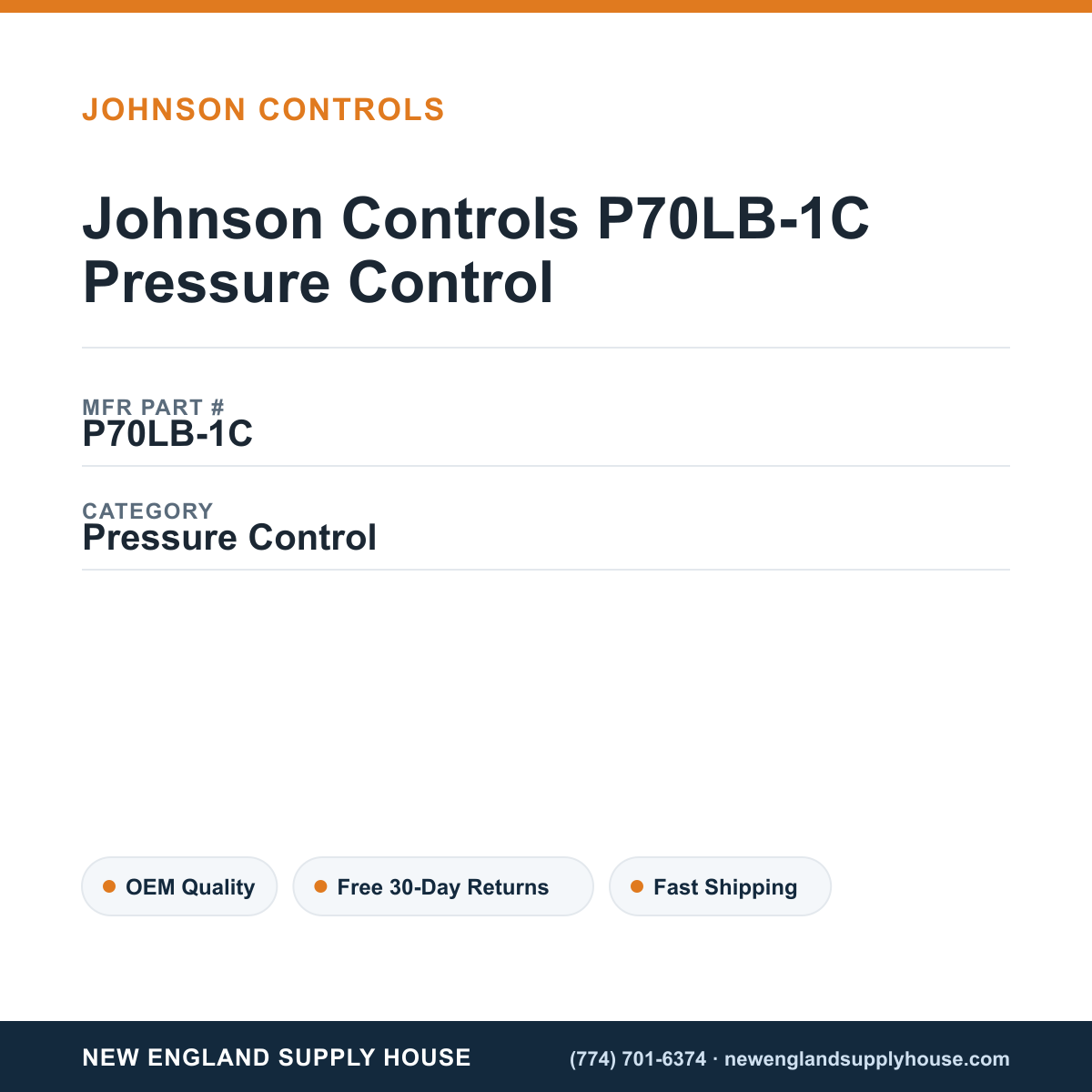 Johnson Controls P70LB-1C Pressure Control — New England Supply House spec card [NESH-SPEC-CARD-V2]