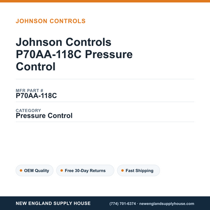 Johnson Controls P70AA-118C Pressure Control — New England Supply House spec card [NESH-SPEC-CARD-V2]