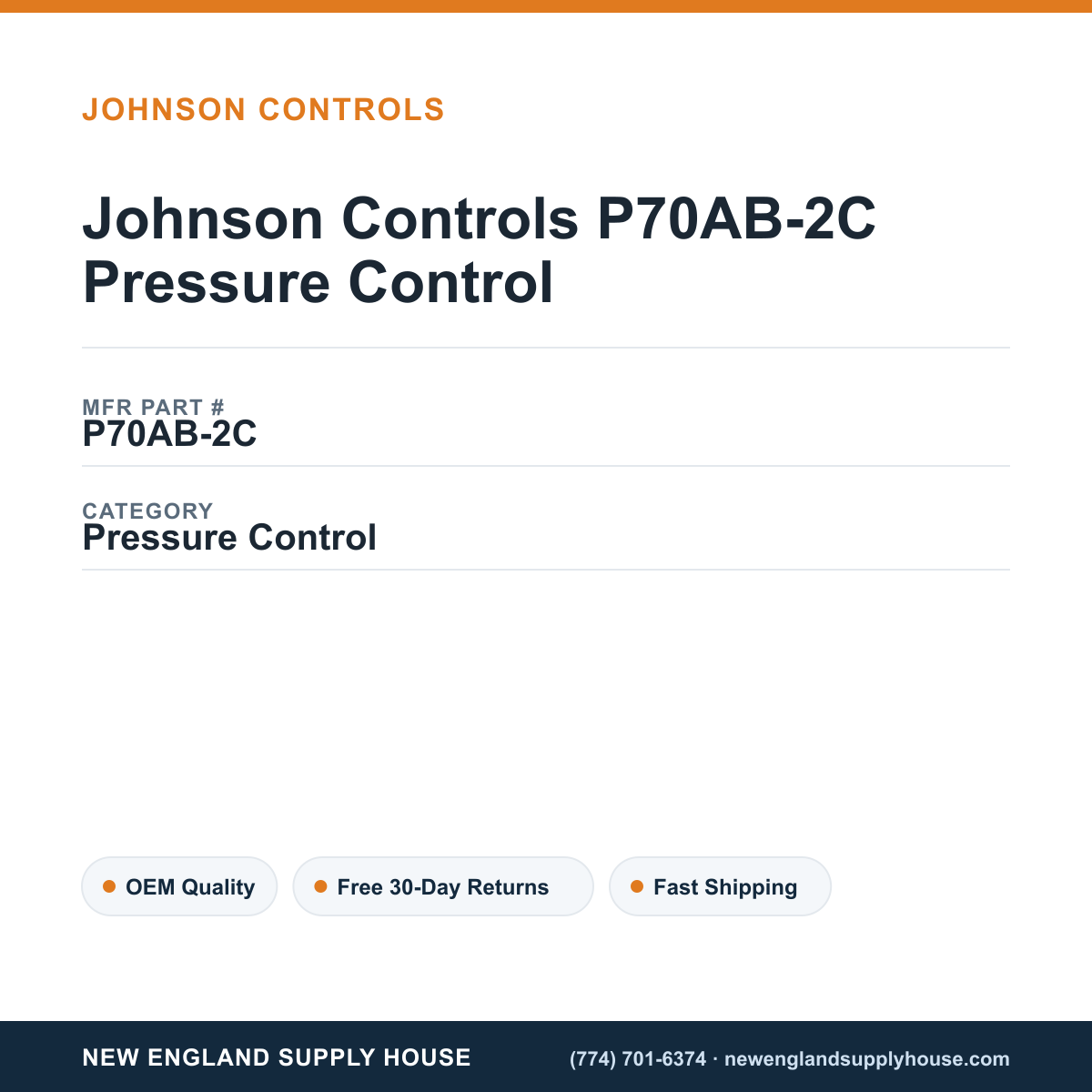 Johnson Controls P70AB-2C Pressure Control — New England Supply House spec card [NESH-SPEC-CARD-V2]