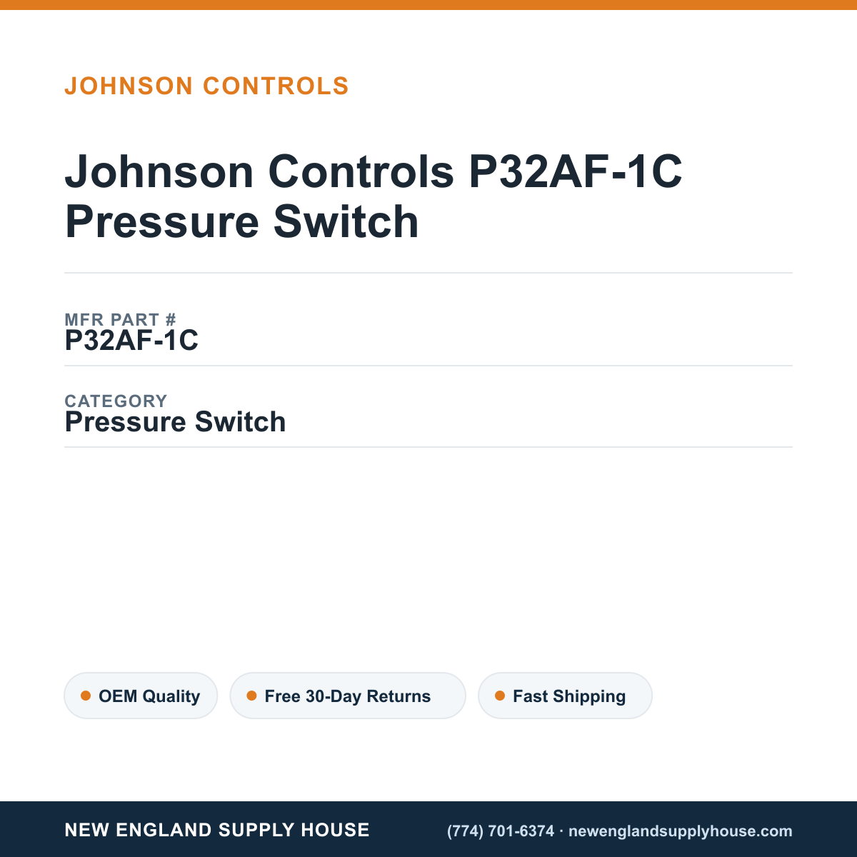 Johnson Controls P32AF-1C Pressure Switch — New England Supply House spec card [NESH-SPEC-CARD-V2]