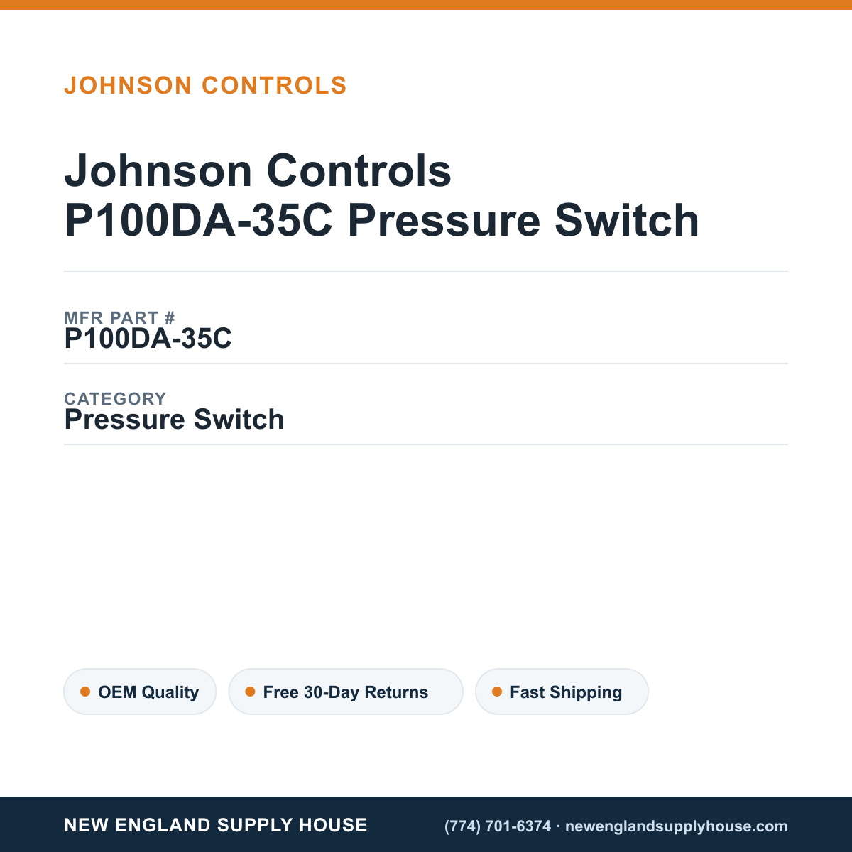 Johnson Controls P100DA-35C Pressure Switch — New England Supply House spec card [NESH-SPEC-CARD-V2]