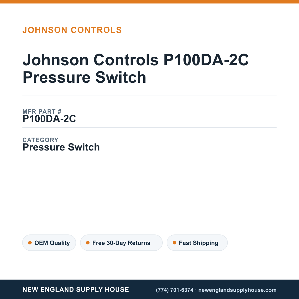 Johnson Controls P100DA-2C Pressure Switch — New England Supply House spec card [NESH-SPEC-CARD-V2]