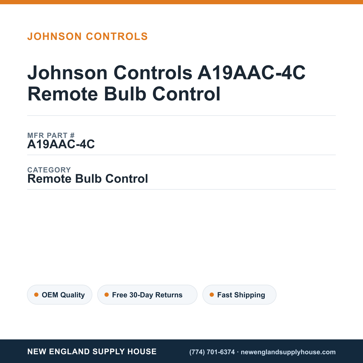 Johnson Controls A19AAC-4C Remote Bulb Control — New England Supply House spec card [NESH-SPEC-CARD-V2]