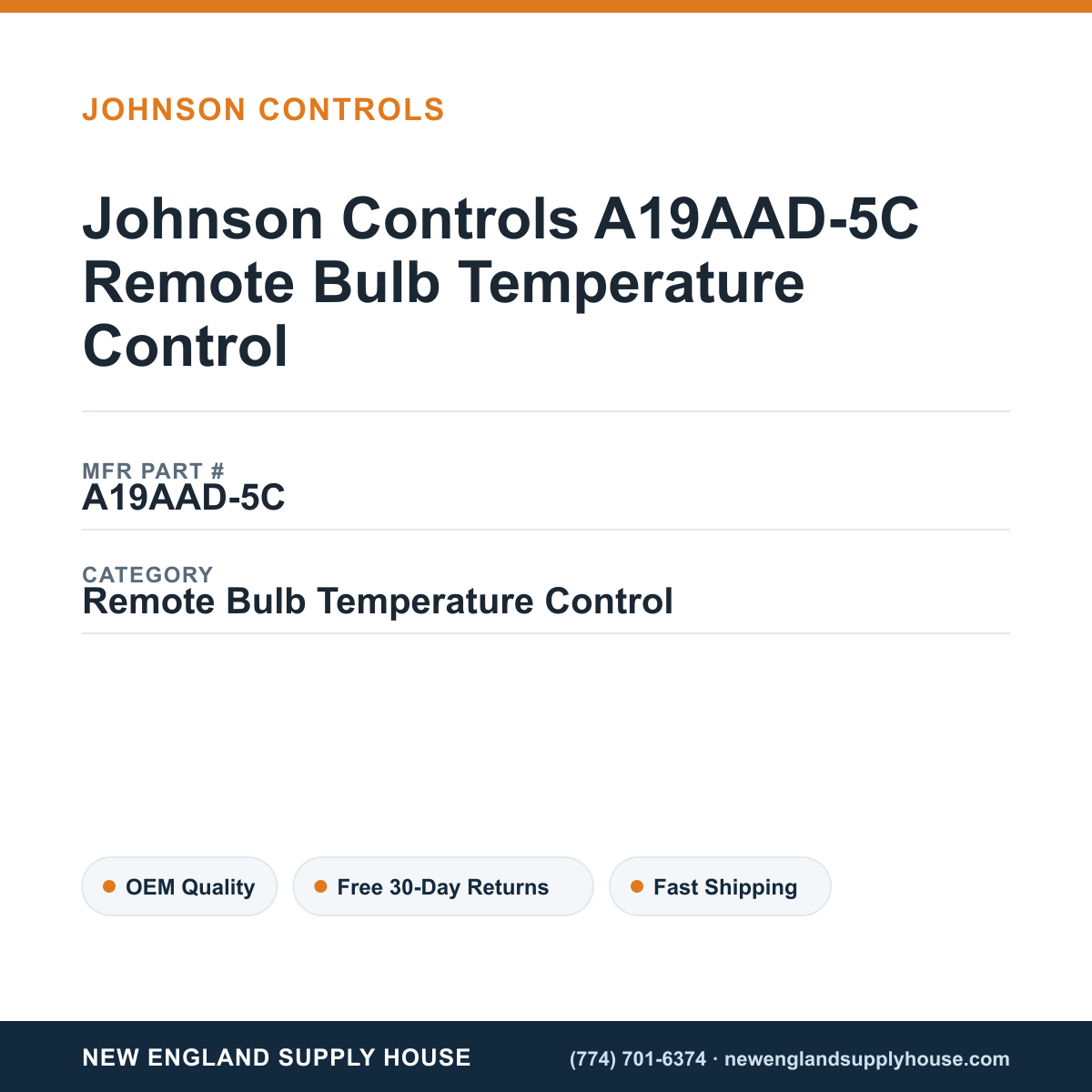 Johnson Controls A19AAD-5C Remote Bulb Temperature Control — New England Supply House spec card [NESH-SPEC-CARD-V2]