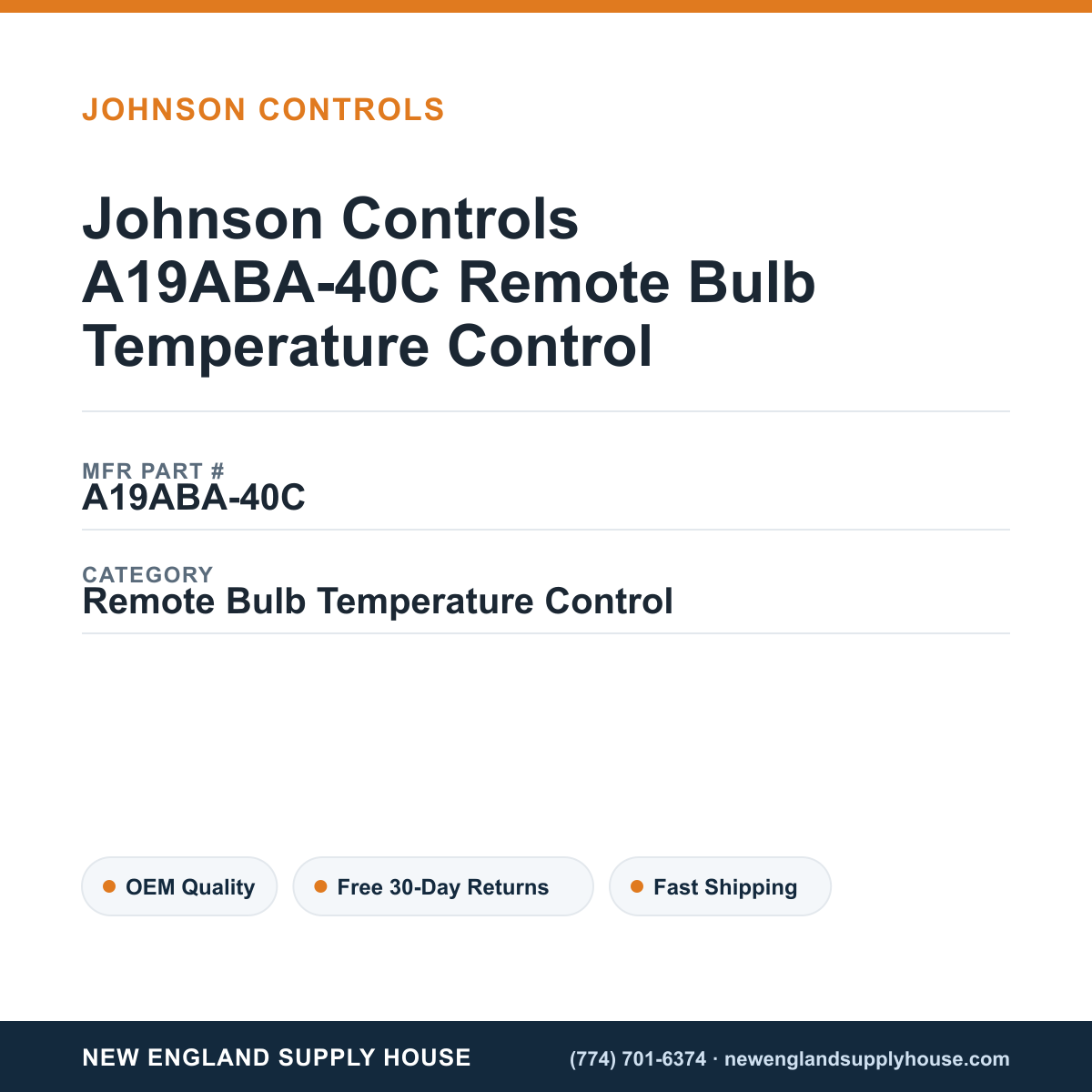 Johnson Controls A19ABA-40C Remote Bulb Temperature Control — New England Supply House spec card [NESH-SPEC-CARD-V2]