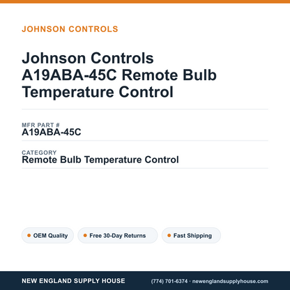 Johnson Controls A19ABA-45C Remote Bulb Temperature Control — New England Supply House spec card [NESH-SPEC-CARD-V2]