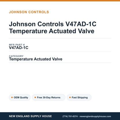 Johnson Controls V47AD-1C Temperature Actuated Valve — New England Supply House spec card [NESH-SPEC-CARD-V2]