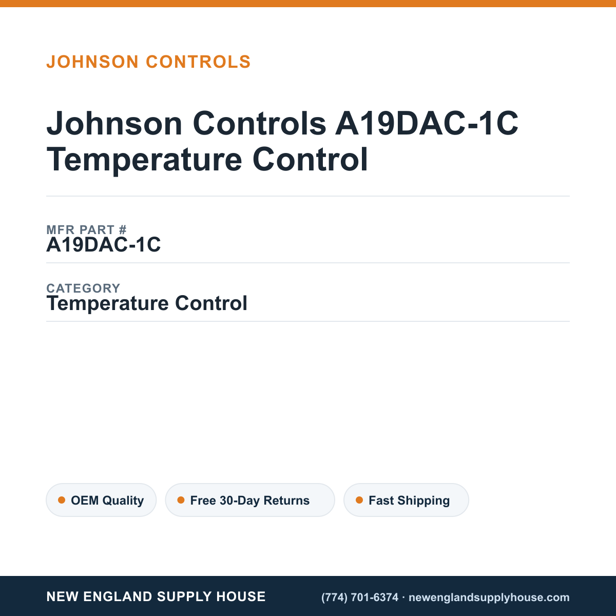 Johnson Controls A19DAC-1C Temperature Control — New England Supply House spec card [NESH-SPEC-CARD-V2]
